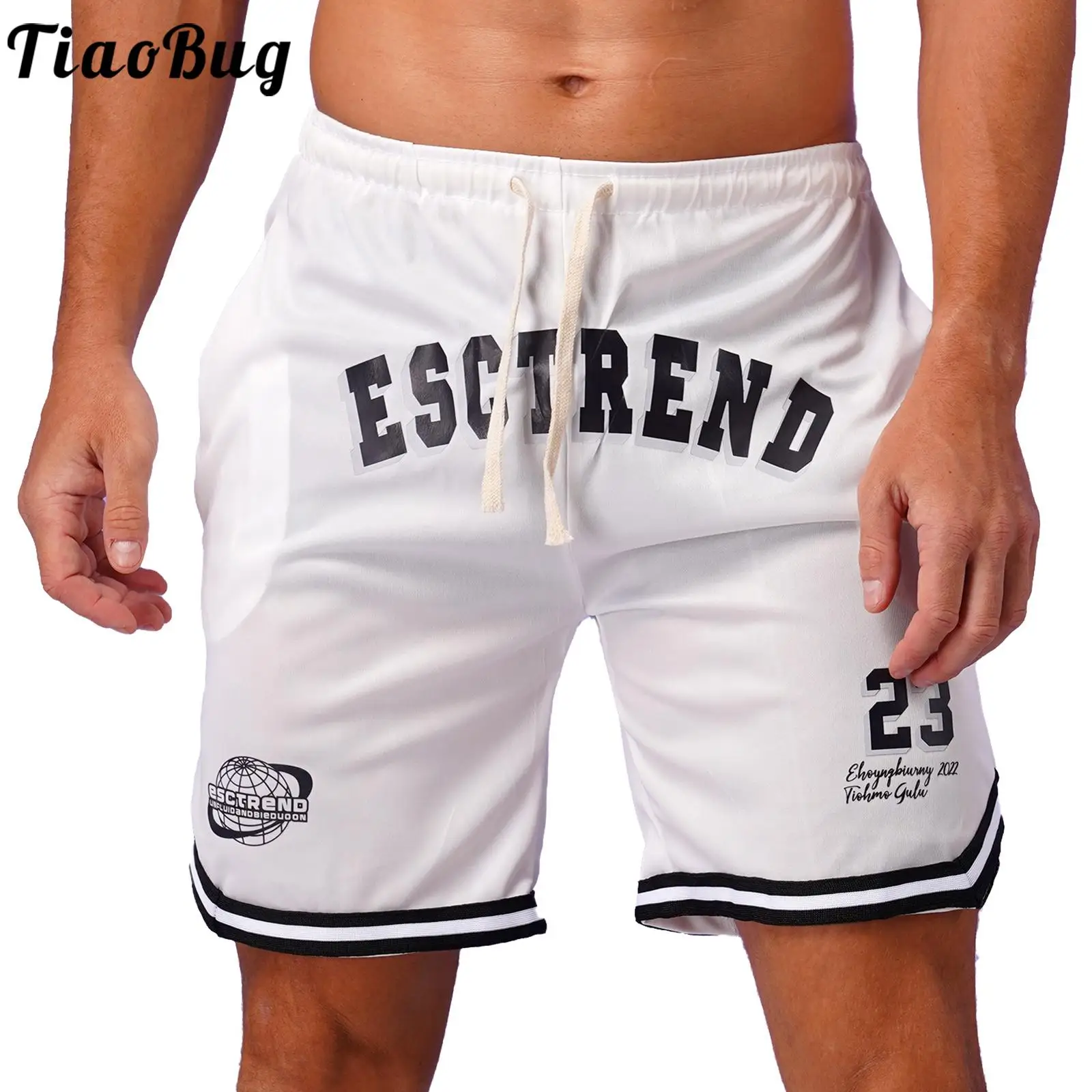 

Mens Letter Print Basketball Shorts Casual Wear Loose Fit Drawstring Elastic Waistband Striped Hem Short Pants for Gym Running