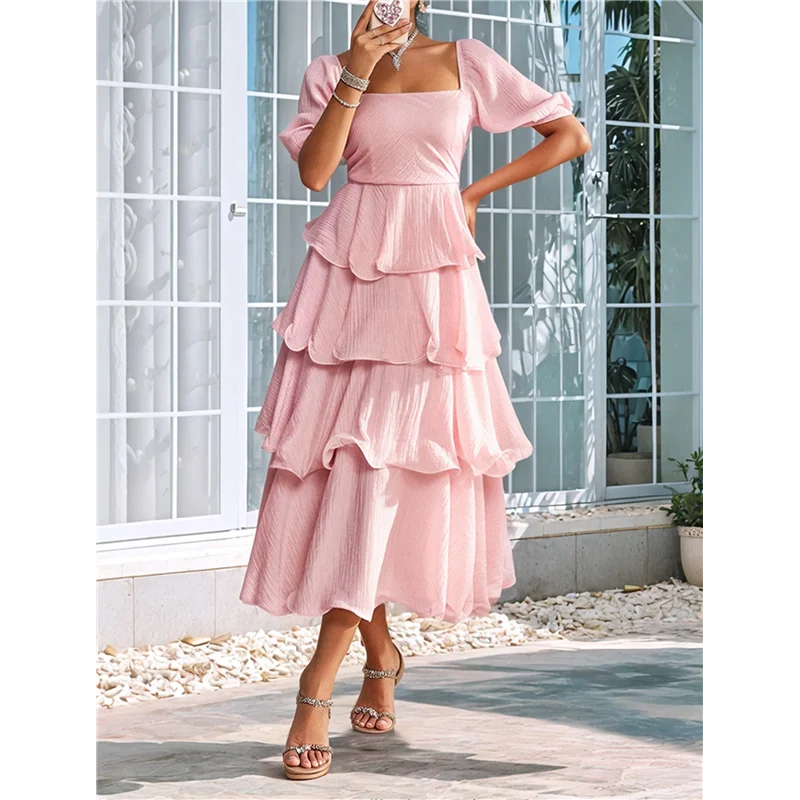 【Decoração de festa】 Vestido maxi boho de verão feminino manga curta bufante flowy linha em camadas vestidos longos de férias na praia