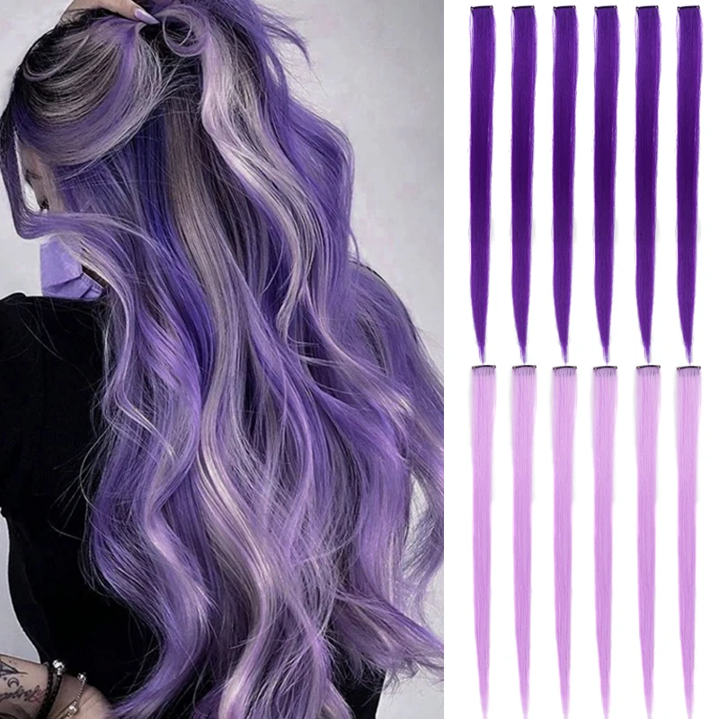 

22inch 5PCS Synthetic Purple Clip in Hair Extensions Straight Colorful Hair Extensions Hairpieces for Halloween Christmas Party
