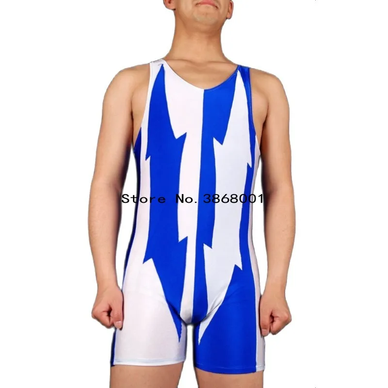 New style blue and white combination catsuit costume Jumpsuit Wear Sleeveless Short Unitard Spandex Dancewear Bodysuit