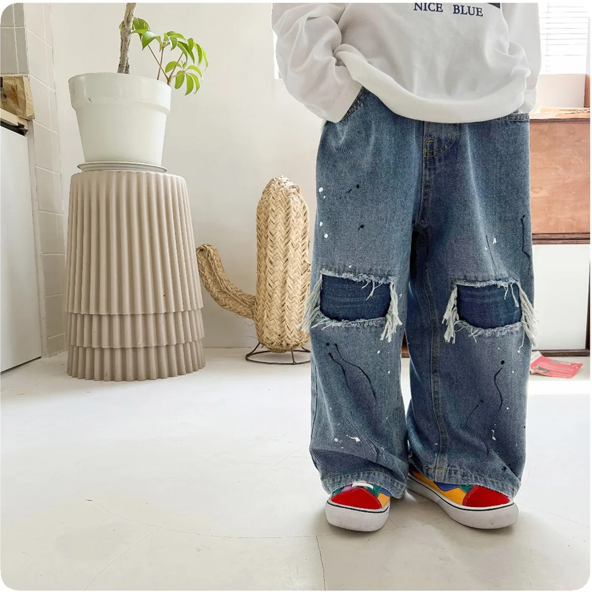 

90-160cm Fashion Autumn Summer Kids Hole Trousers Children Boy Handsome Torn Patch Jeans Pants Worn Jeans for Loose 청바지