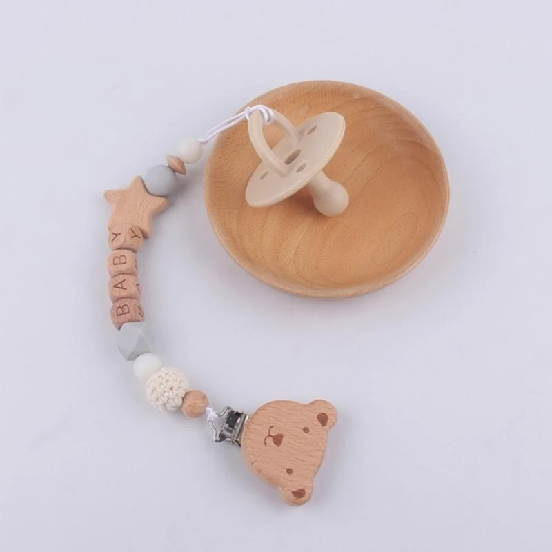 

J15U Bear Pacifier Holder Chain, Dummy Nipple Clips Geometric Crochet Bead Teether Toy with Silicone Pacifier