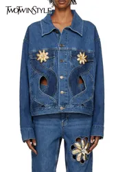 TWOTWINSTYLE scava fuori cappotti di jeans con paillettes impiombati per le donne cappotto monopetto a maniche lunghe con risvolto abbigliamento moda femminile