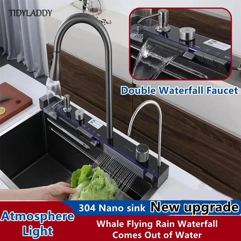 

Nano Kitchen Sink with Double Waterfall Faucet Stainless Steel Multi-Function Digital Display Large Single Slot with Light