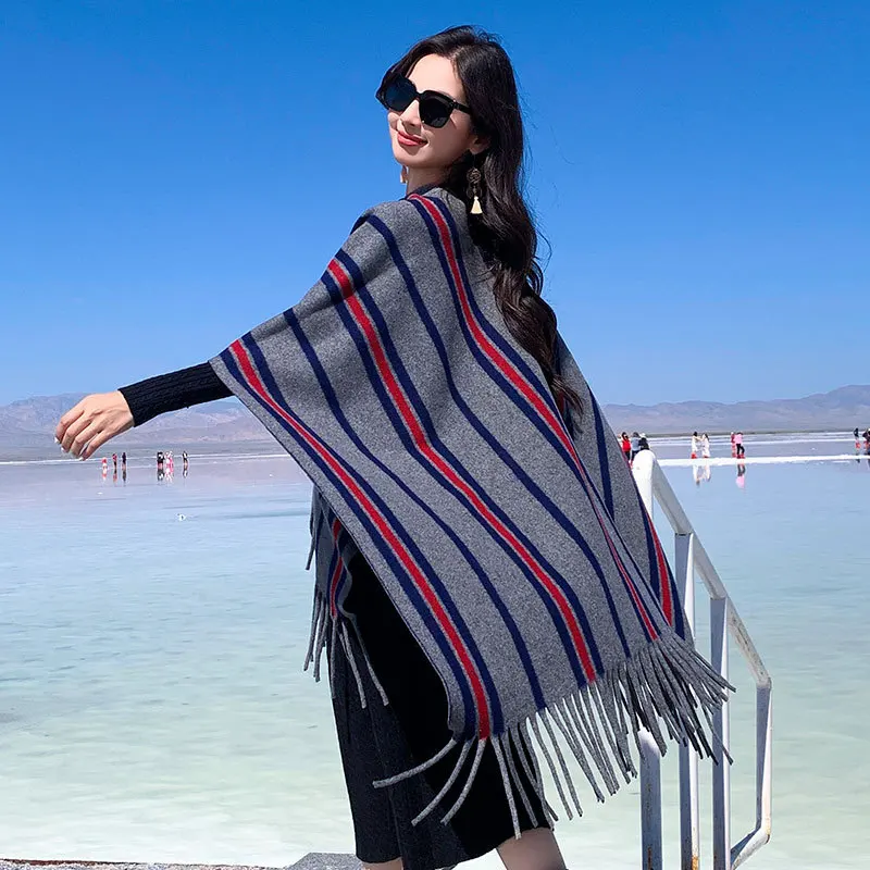 

Зимний шарф-накидка в этническом стиле, универсальная толстая шаль с разрезом, пончо в полоску, модный шикарный теплый дорожный плащ