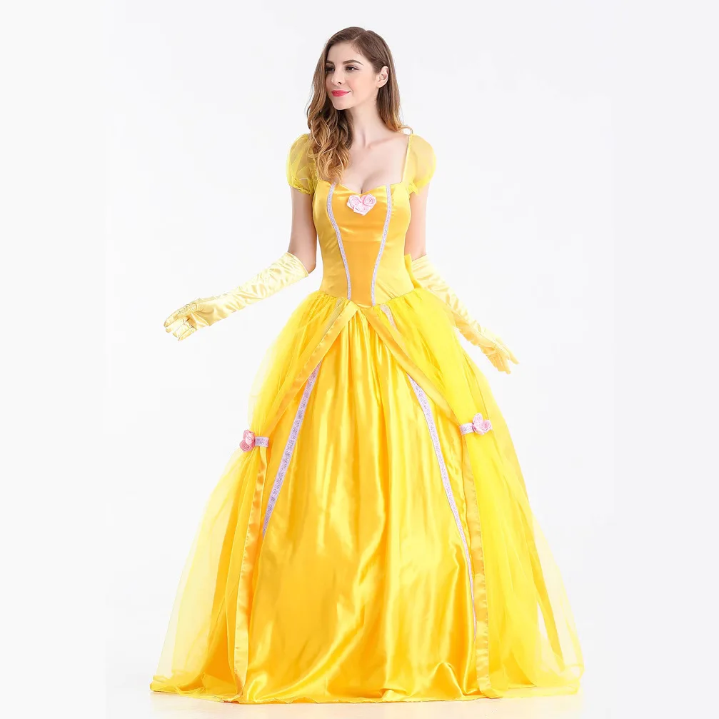 Disfraz de Bella de la Bella y la Bestia, Vestido Largo Amarillo, Disfraz de Princesa Bella para Halloween, Carnaval, Baile de Máscaras, Traje de Bella para Adultos