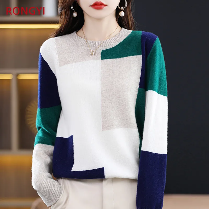 

RONGYI 100% Merino Wool Women's O-Neck Colorblock Autumn Winter Pullover Cashmere Warm Long Sleeve High Quality Top JS022