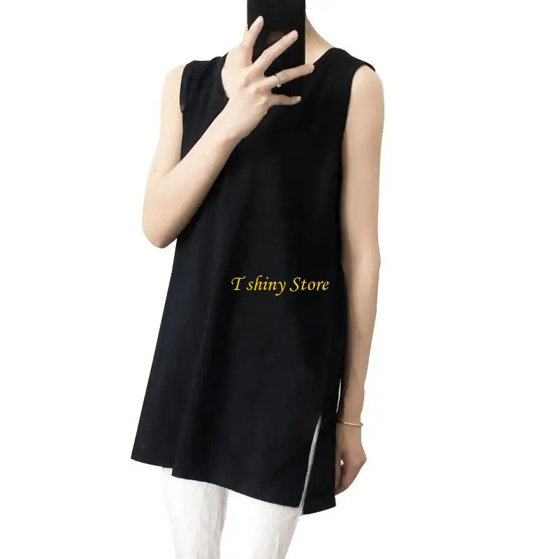 

N58F Women Sleeveless O-Neck Long for Tank Top Color Mid-Length Tunic Blouse Ve