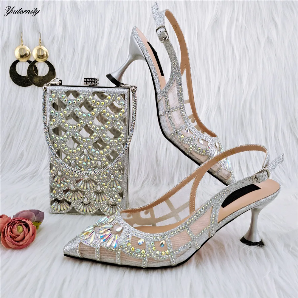 Hot Sale Rhinestone Ladies Shoes And Bag Set Fashion Italian Sandal High Heels Shoes And Bag Set For Party Large Size 38-43