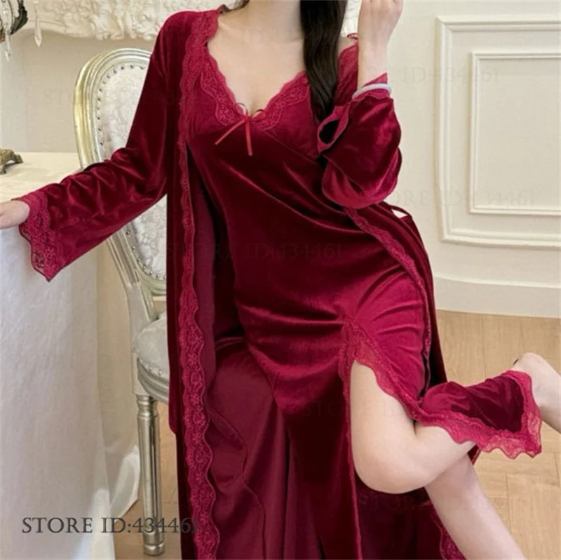Elegante veludo feminino longo robe camisola conjunto sexy renda divisão camisola lingerie outono inverno pijamas homewear solto pijama