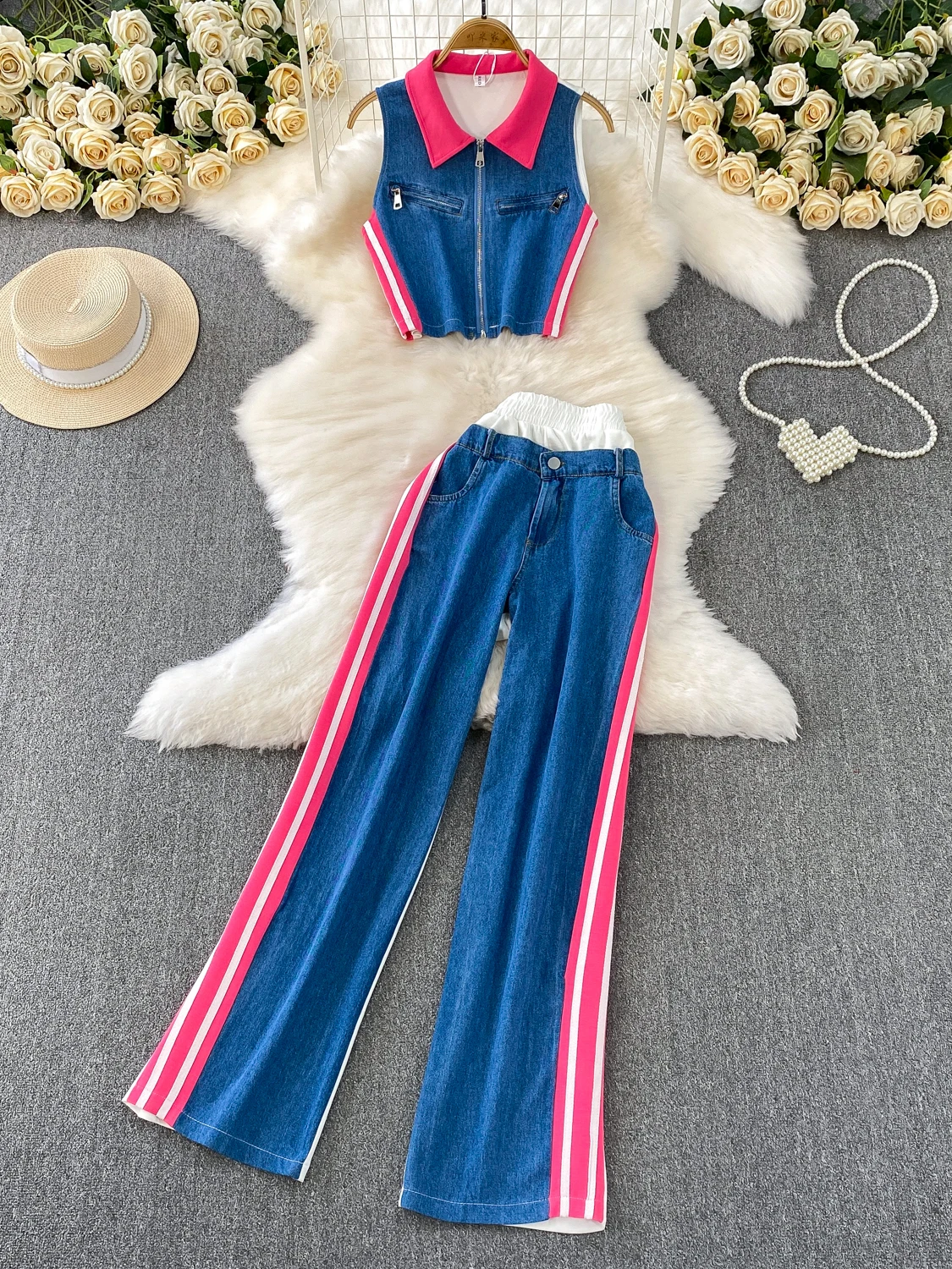 

Faionable Sweet Cool Sle ort Sve Комплект джинсовых широких брюк с высокой талией для женщин Цветной блузковый топ с воротником