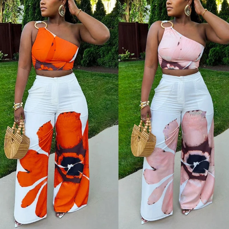 

Stylish Sexy Floral Print Two-piece Set Women Summer One-shoulder Fashion Wide-leg Pants Set Street Wear