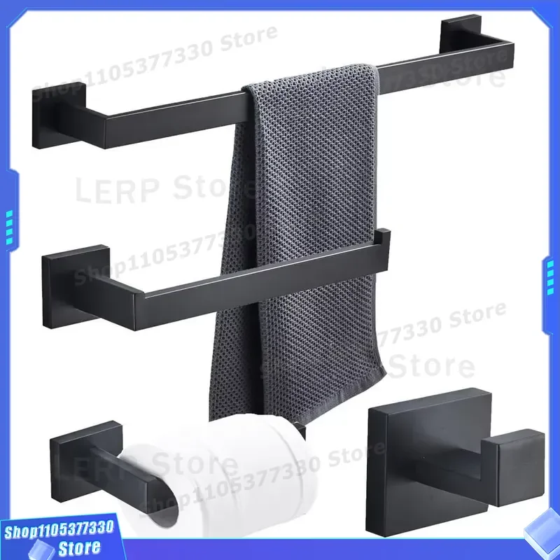 Matte Black 304 Stainless Steel Bathroom Accessories Set Modern Wall Mount Paper Rack Towel Bar 4 Piece Hardware Kit For Bath