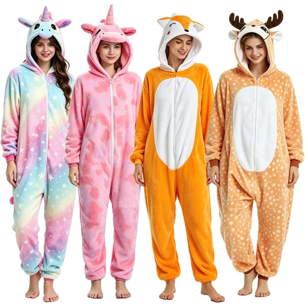 Kigurumi Pajamas Adult Men Cute Onesies Pijamas Plush Cow Tiger Panda Bunny Cosplay Costume Black Woman Leopard Unicorn Pyjamas