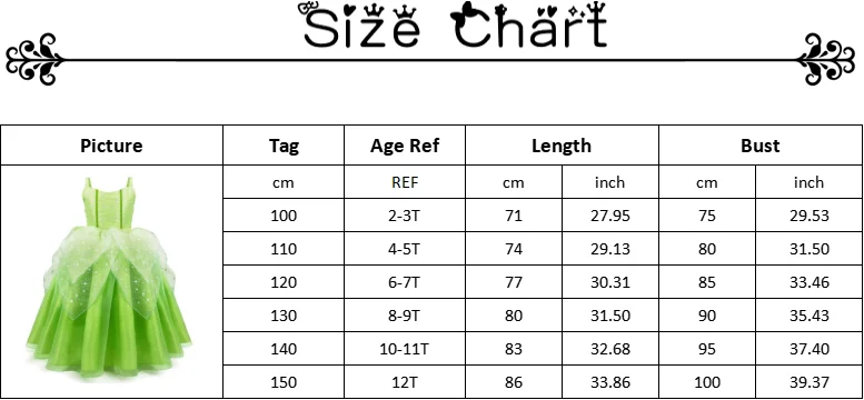 Original Tinkerbell fairy dress size chart showing dress lengths for tags 100 to 150