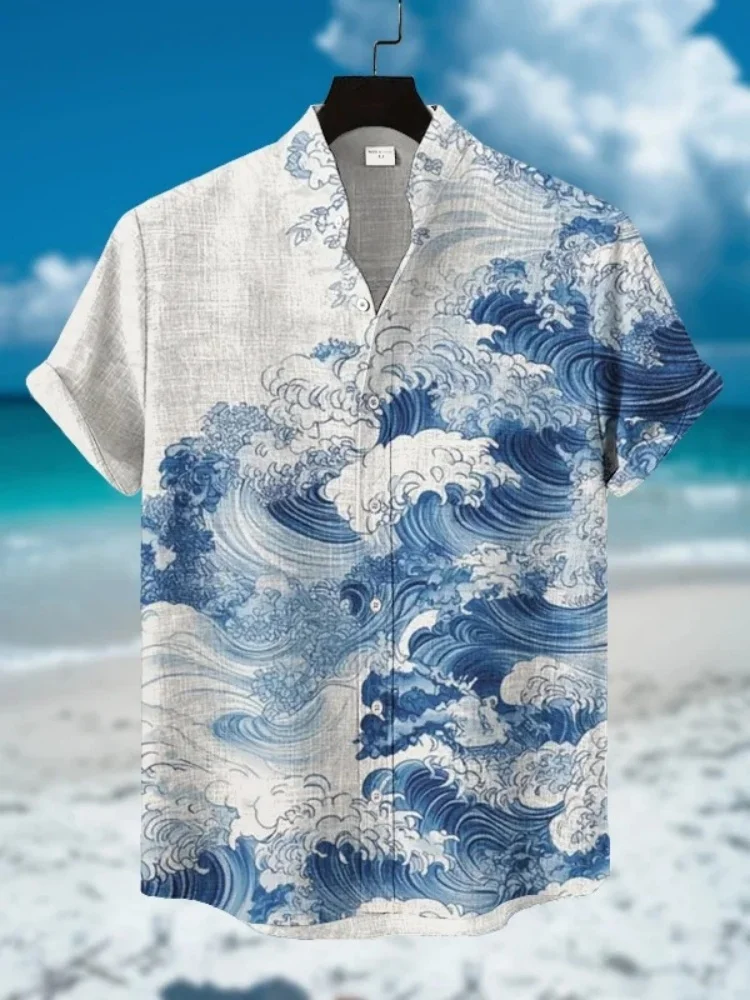 Plus Size Men's Koi Fish Wave Print Shirt 2026 Summer Short Sleeve Casual Hawaiian Shirts Breathable Beach Vacation Male Tops