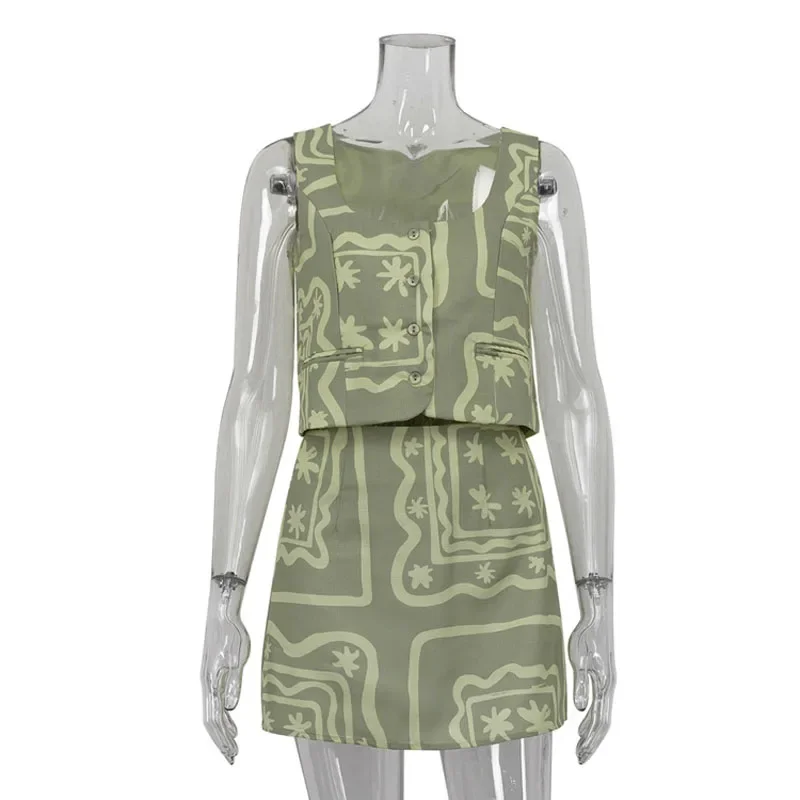 2024 Summer New Vest Vest Printed Suit Women's Summer Two-piece Set Short Skirt Simple Casual Women's Club Clothing