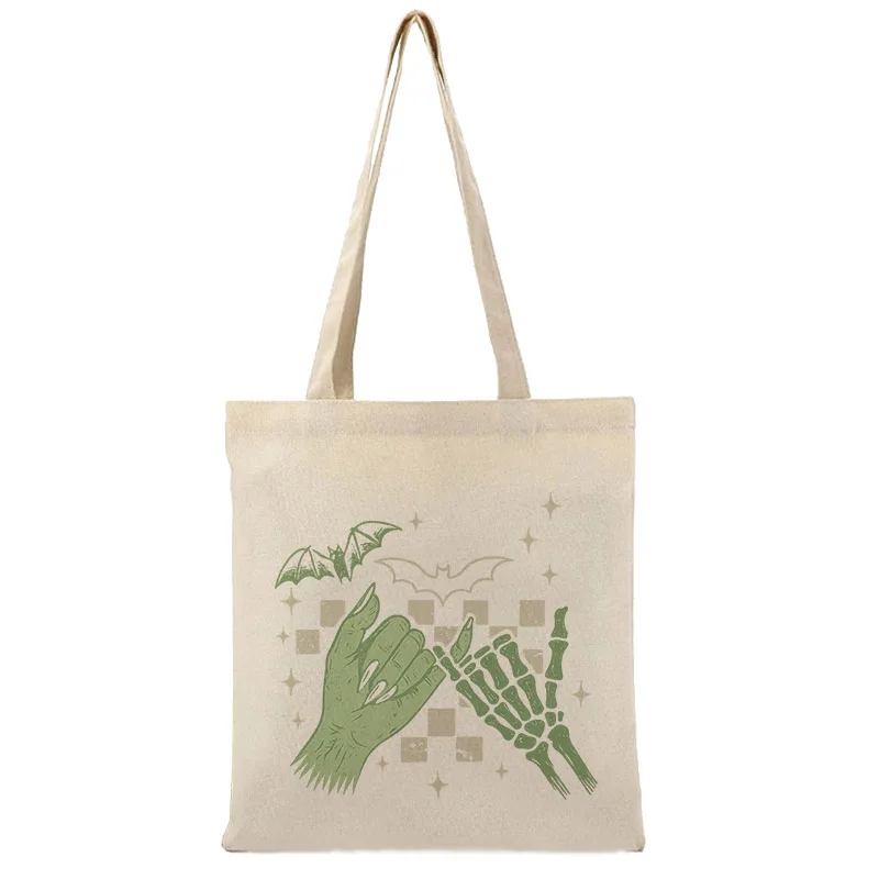 Halloween Skeleton Zombie Hand Bat Print Canvas Tote Bag Spooky Retro Pattern Reusable Shopping Handbag Casual Shoulder Gift Bag