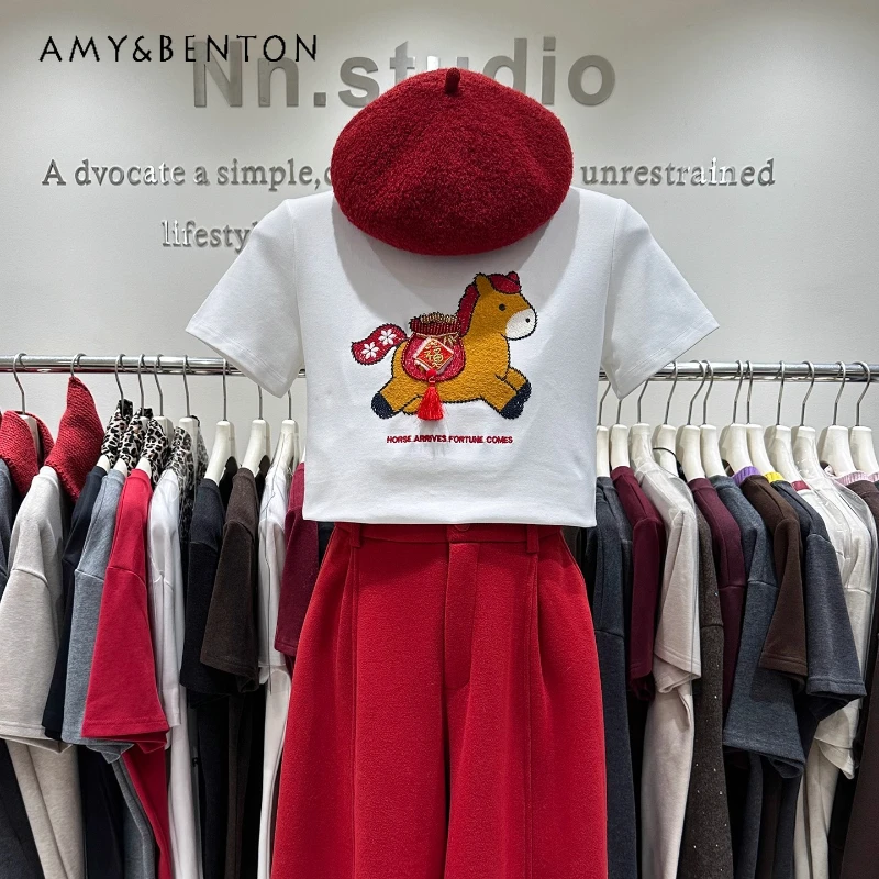 

New Year Outfit Y2k Tees Spring New Heavy Craft Pony Embroidery Regular Shoulder Slim Fit Short Sleeves Short T-shirt Clothing