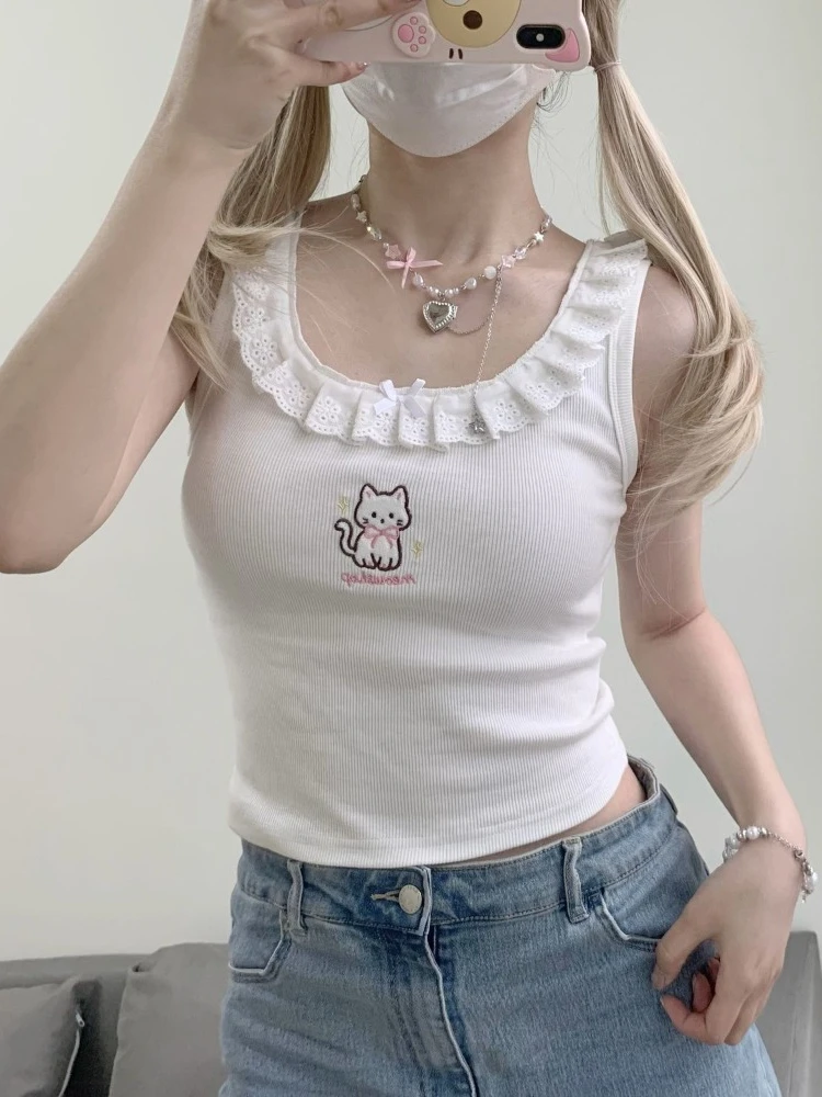 HOUZHOU Kawaii Sweet Harajuku Tanks Women Japanese Fashion Cute Bow Lace Patchwork Cat Embroidery Slim Tees Tops Summer 2024 Y2k