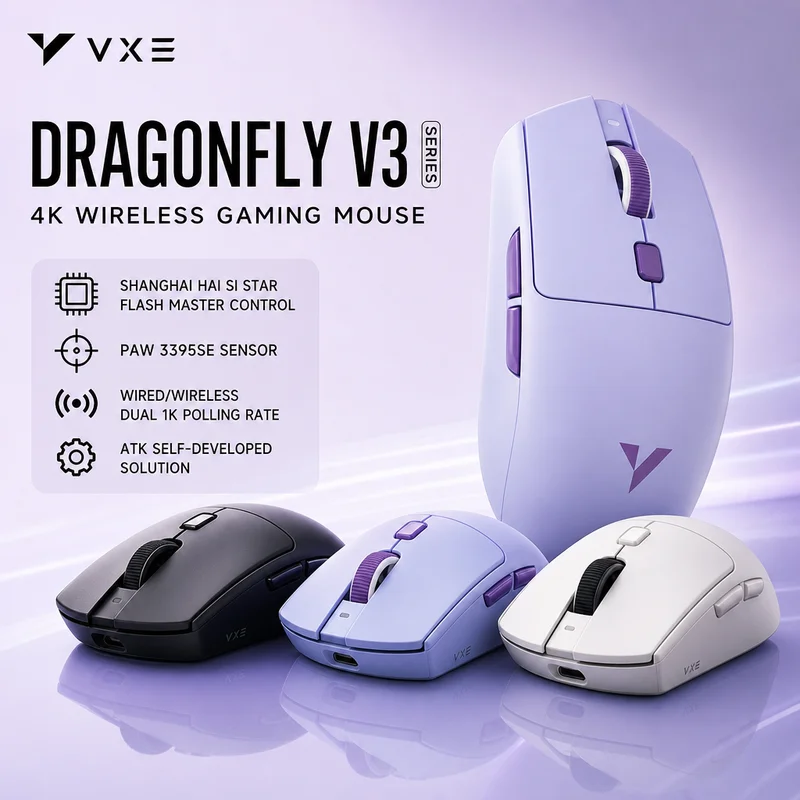 ATK VXE Dragonfly V3 Pro Wireless Mouse 4-mode Dual 1K 520mAh PAW3395SE/Xhero AI Sensor Long Endurance for Office Gaming Mouse