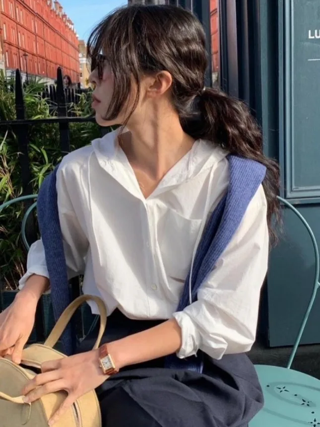 Csa e informal hoada de manga larga con capucha de Color puro para mujer, Top versátil con diseño de un solo botó...