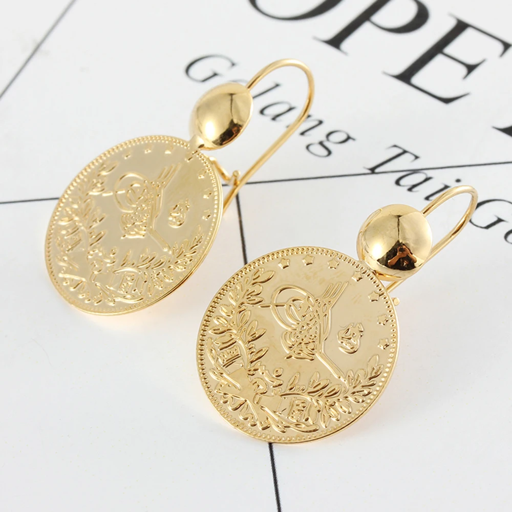 Dubai Gold Earrings Turkish Fashion Gold Coin Earrings for Women Muslim Islamic Luxury Wedding Jewelry Accessories Wholesale