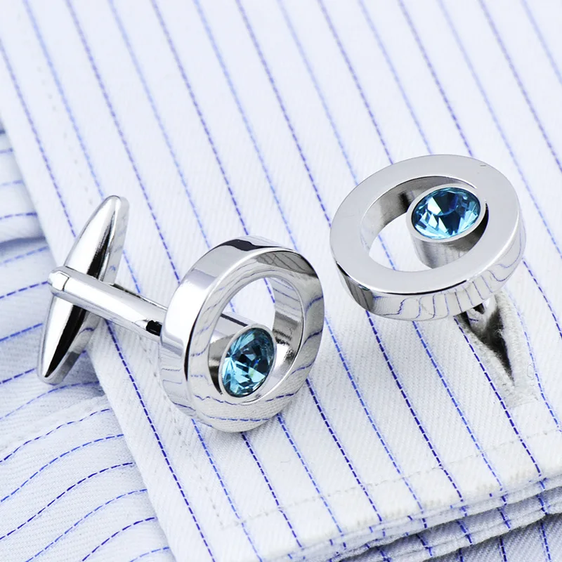 French Shirt Cufflinks Men\'s and Women\'s Business Banquet Wedding Speech Gifts Simple High Grade Metal Blue Crystal Cuff Links