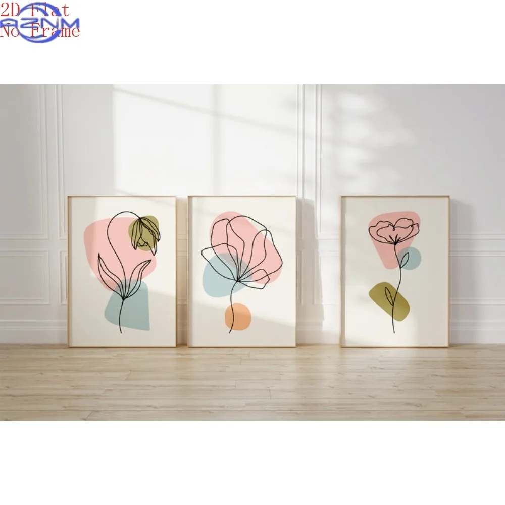 3pcs (Canvas Poster Unframed) Scandinavian Flower Line Art Prints, Minimalist Floral Set (Neutral Pastels)