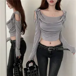 Off Shoulder T Shirt Elegant Lacing Skinny Crop Long Sleeve Tops Slash Neck Pleated Bow Vintage Summer Fashion Tees Streetwear