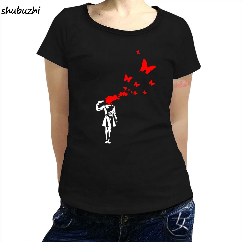 Banksy Girl Blowing Brains Out Red Butterflies Street Art womens Tshirt Top AL97 Cool Casual pride women t shirt New sbz3043