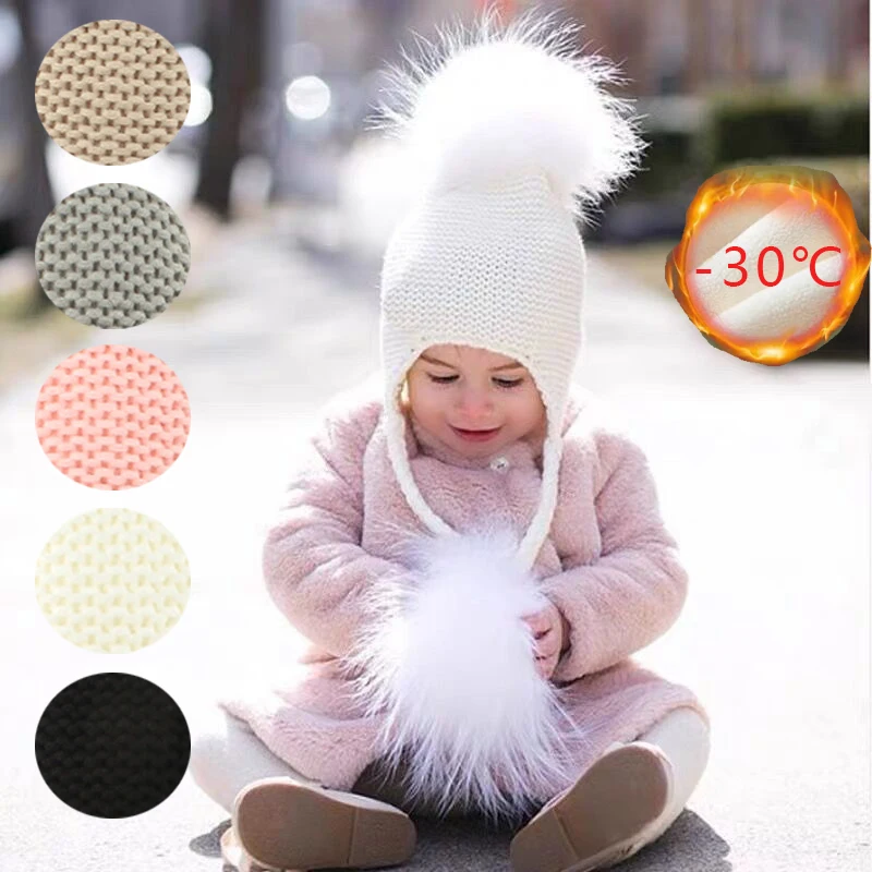 Winter Real Fur Pompom 3 Ball Hat Warm Velvet Lining Knitted Beanies For Kids Baby Outdoor Feece Cap Ear Protection Hats