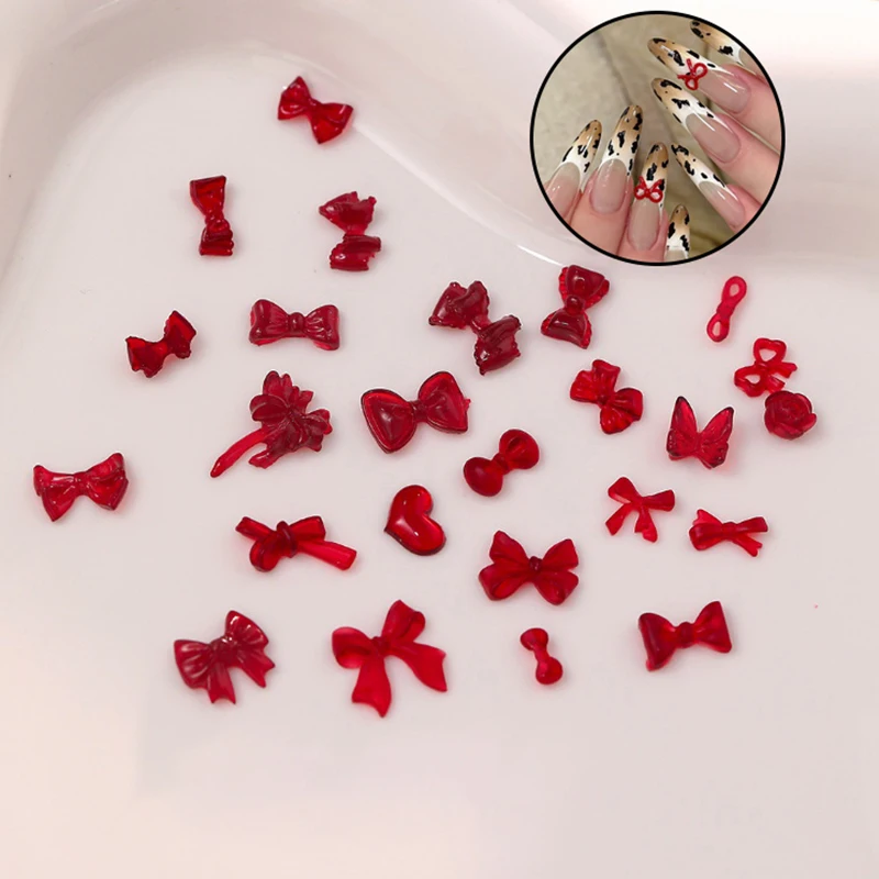 50 stücke Französisch Stil Bögen Nagel Zubehör Gemischte Größe 3D Weinrot Bowknot Nagel Charms Kawaii Winter Nail art Dekoration nette Teile