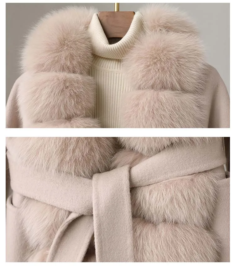 Hot-selling fashion new large fox fur collar high-end woolen fur coat temperament cashmere woolen coat mid-length