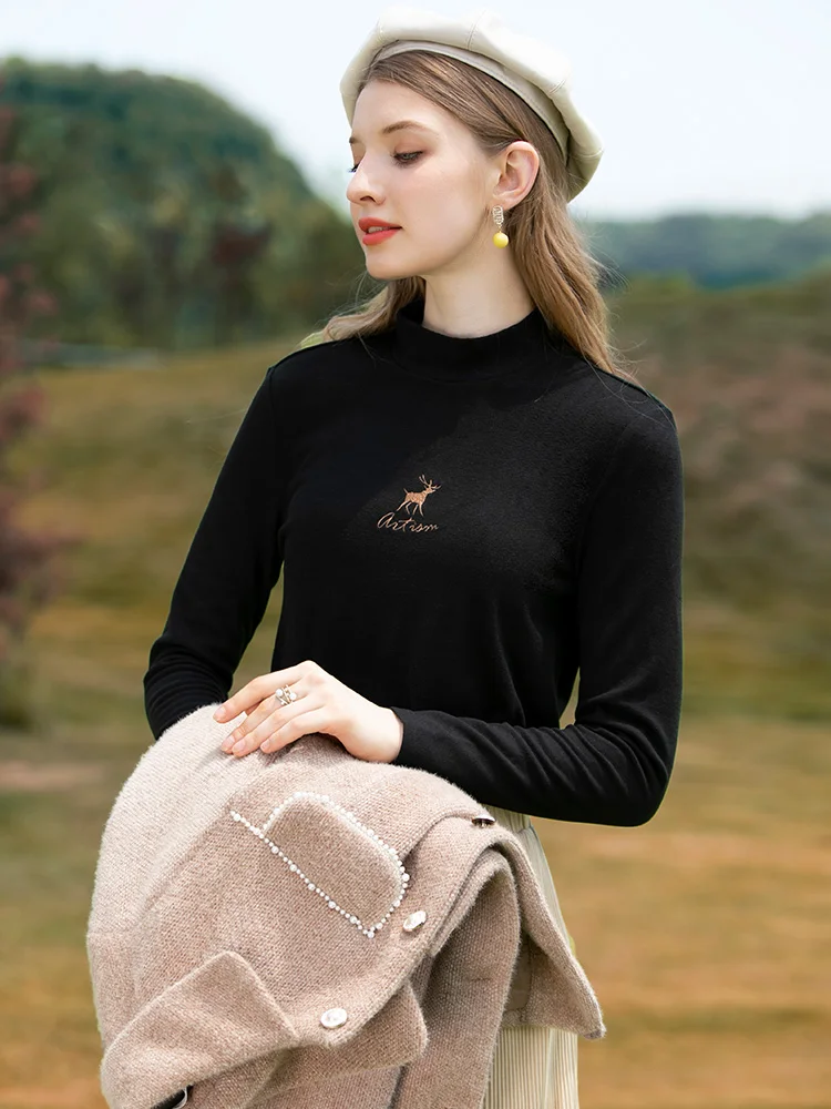 I BELIEVE YOU Autumn Solid T-shirts For Women 2022 Elastic Turtleneck Tops Long Sleeve Embroidery Slim Women Clothing 2214014341