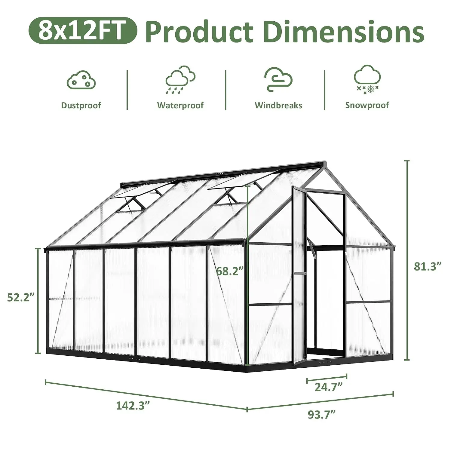 8×12 FT Walk-in Polycarbonate Greenhouse for Outdoor | Quick Setup Heavy Duty Aluminum Green House with Roof Vent, Customized
