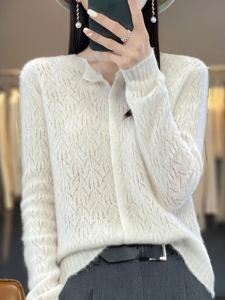 Spring Autumn O-neck Leaves Solid Color Hollow Out Single-Breasted Cardigan 100% Merino Wool Women\' Sweater Long Sleeve Tops