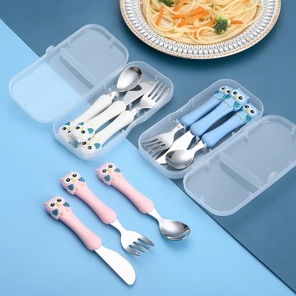 Talheres portáteis de aço inoxidável para crianças, Spoon Forks Box Utensílios de alimentação do bebê Conjunto de talheres para bebês, 3pcs