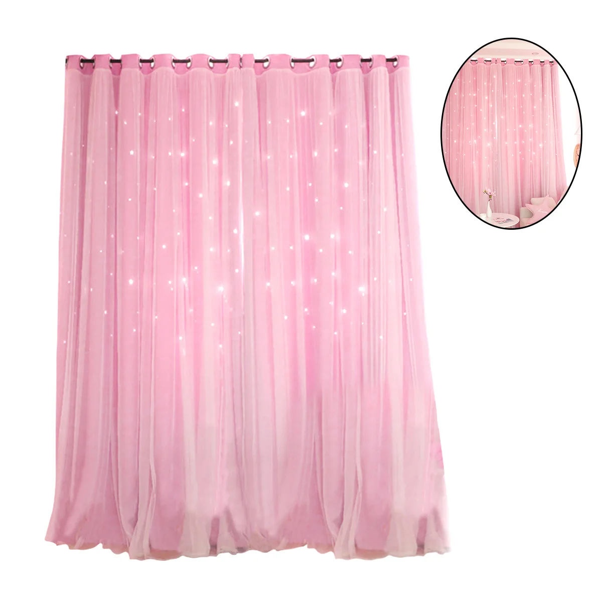 ستائر مزدوجة الطبقات بتصميم نجمة مجوفة لغرفة النوم وغرفة المعيشة ونافذة ديكور ستائر شبكية رومانسية باللون الوردي