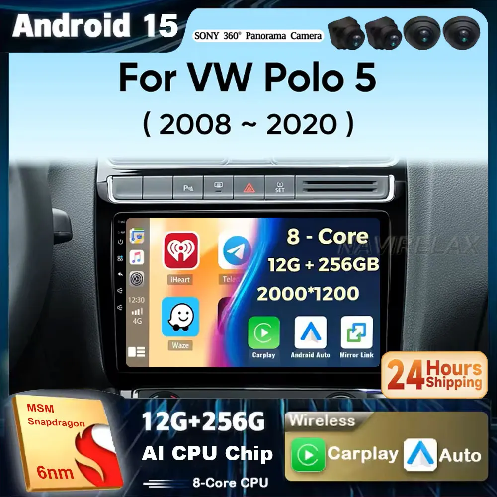 Android 15 Radio del coche para Volkswagen VW POLO 5 2008 2009-2017 Vento inalámbrico Carplay Auto Multimedia estéreo 48EQ DSP 2 Din
