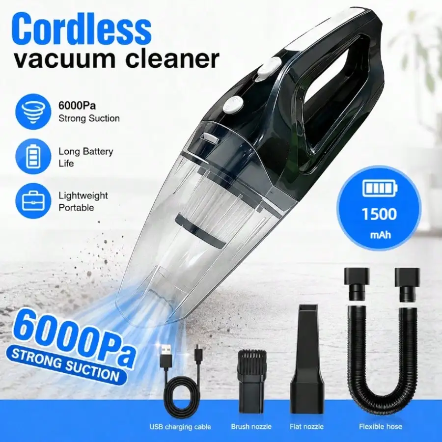 Portable Car Vacuum Cleaner With A Powerful 6000PA Suction, Handheld Design, 1500mAh Large Capacity, Low Noise, And Comes With Five Accessories For Cleaning Car Interiors, Homes, And Pets. Also Includes Car Accessories.