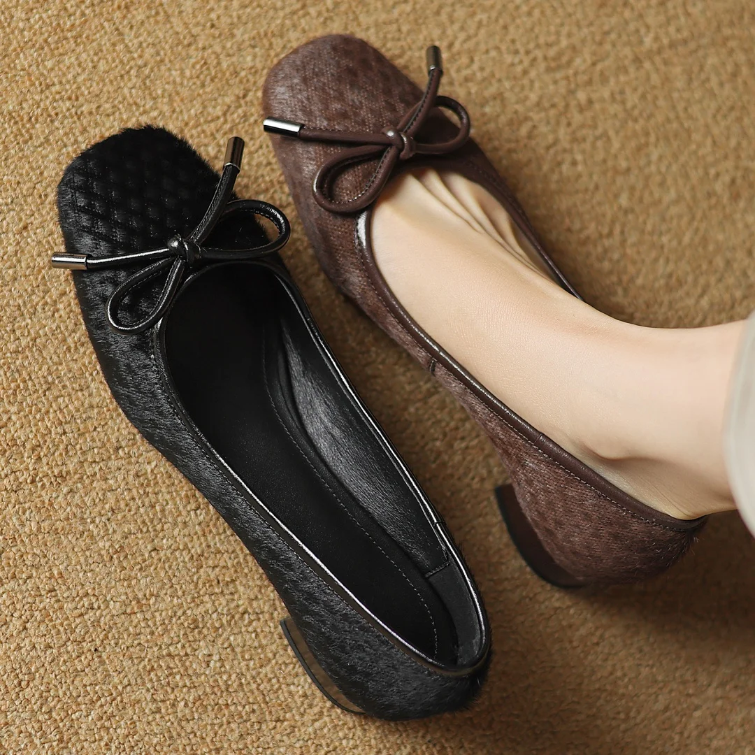 Slip-on in crine di cavallo da donna con punta quadrata 3.5cm di spessore tacco basso elegante da donna dolce papillon scarpe eleganti quotidiane