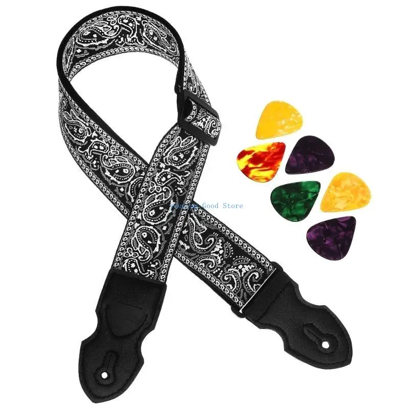 

N58B Adjustable Guitar Strap with 6 Picks Shoulder Strap Leathers End Guitar Strap for Bass, Electric & Acoustic Guitar