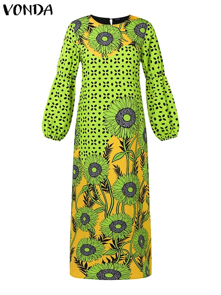 فساتين فوندا النسائية مقاس كبير 2025 مطبوعة للخريف بأكمام طويلة مكشكشة فستان صيفي طويل كبير الحجم رداء رقبة دائرية فساتين بوهيمية غير رسمية #4