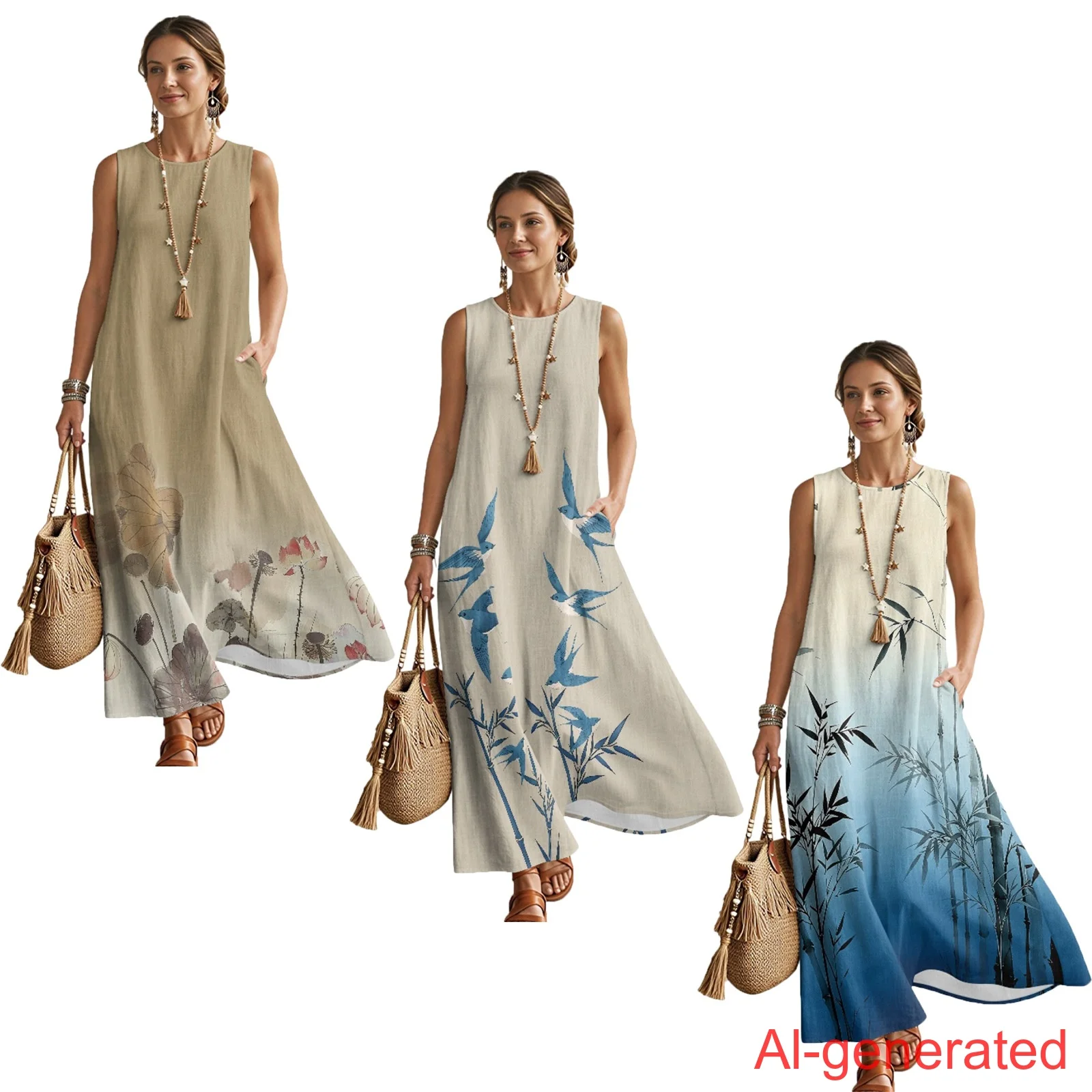 

INSTANTARTS Women‘S Imitation Linen Loose Vest Long Skirt Cool & Breathable Dress Soft Lightweight Fit Summer Beach