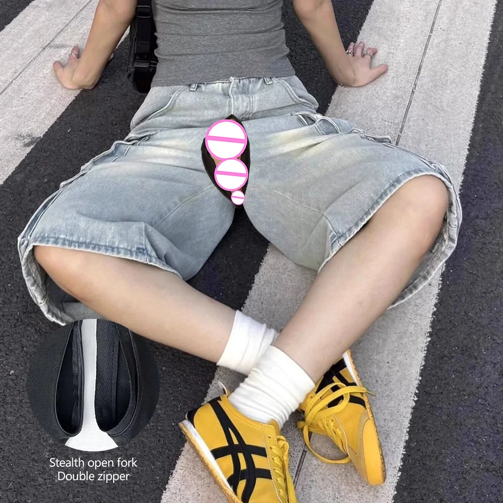 Invisibile con apertura sul cavallo Danni sessuali all'aperto Pantaloncini da uomo in denim Tasca estiva Utensili Jeans Tendenza Pantaloni larghi dritti retrò