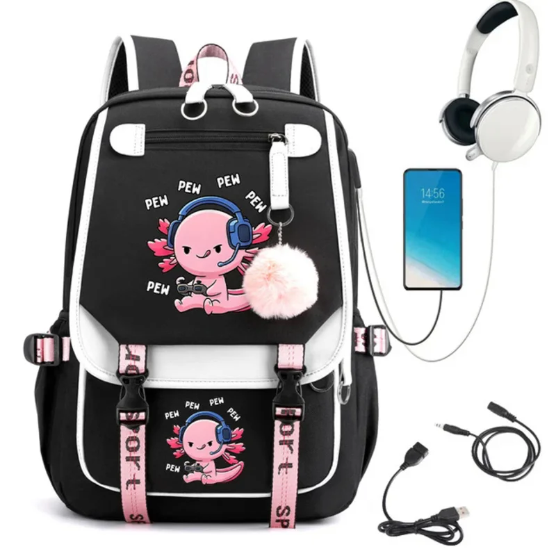 Kawaii per ragazze adolescenti Axolotl gioca a giochi Anime Cartoon Back To School zaino zainetto