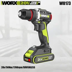 Worx WU173 Wireless Dual Speed Drill Rechargeable Brushless 20v 50Nm 1900rpm 18+1 Torque Adjustable Share Green Battery Platform