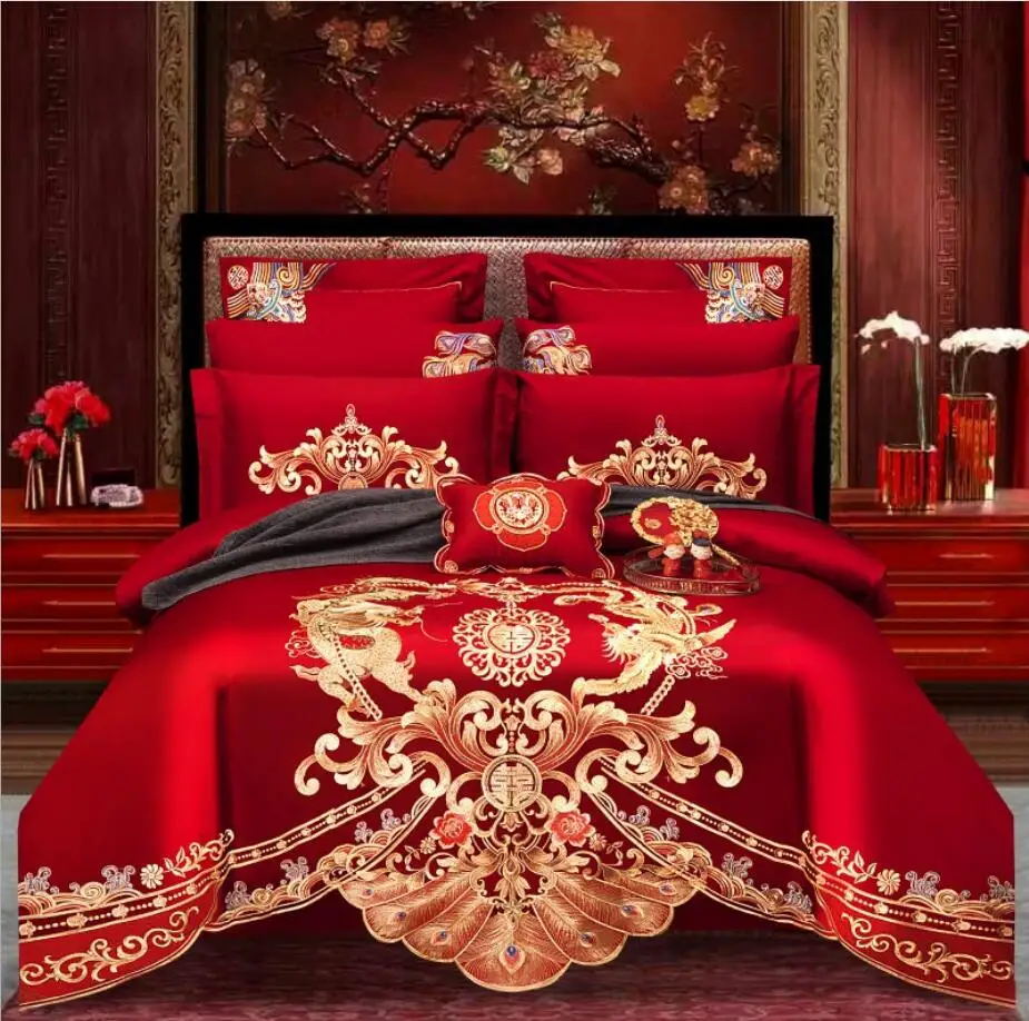 Golden Loong Phoenix Embroidered Bedding Set 100% Cotton Luxury Chinese Wedding Red Duvet Cover Bed Sheet Linen Pillowcases