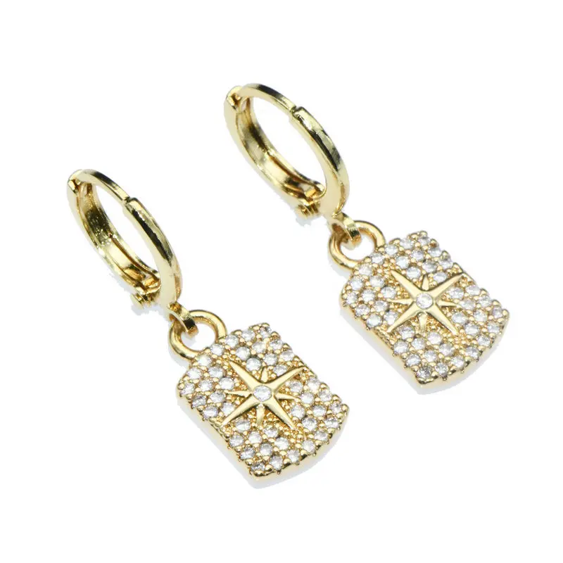 

Wholesale Luxury Jewelry Anti Fading Gold Plated Copper CZ Paved Winstar Triangle Charms Clip On Round Hoop Earrings for Women